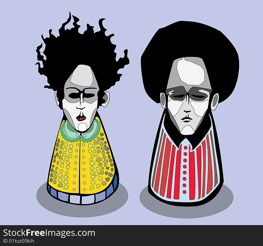 Weird couple of people, woman and man, resembling matryoshka, russian traditional doll. Weird couple of people, woman and man, resembling matryoshka, russian traditional doll.