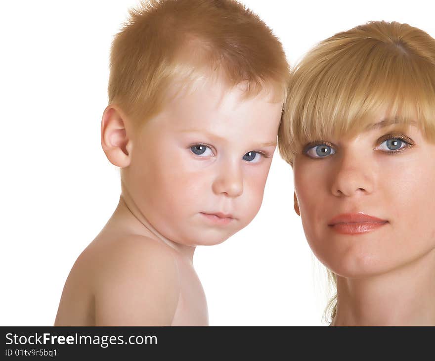 Young mum with the small son on a white background. Young mum with the small son on a white background