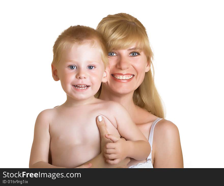 Young mum with the small son on a white background. Young mum with the small son on a white background