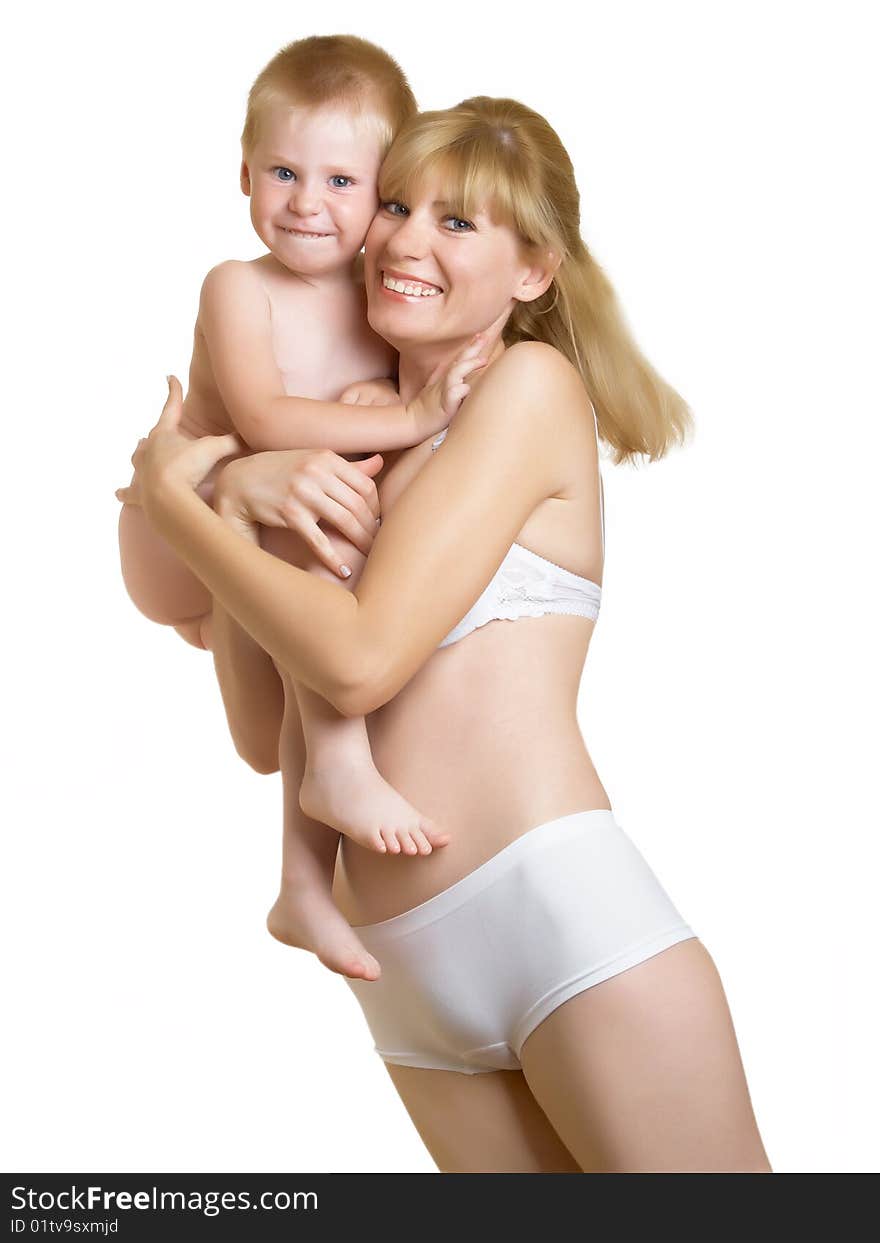 Young mum with the small son on a white background. Young mum with the small son on a white background