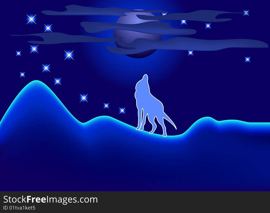 Night landscape with wolf, cloud and full moon