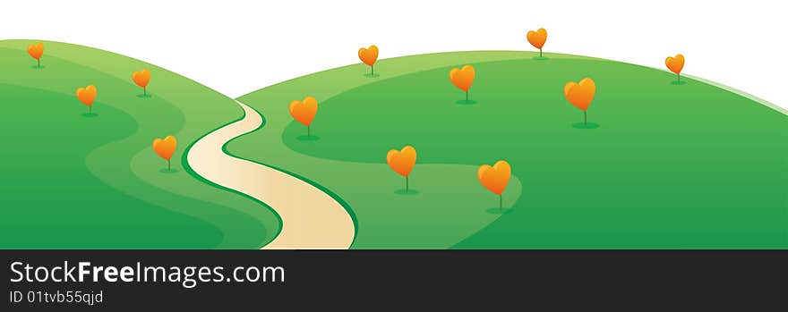 Heart tree in the green lawn with road. Heart tree in the green lawn with road