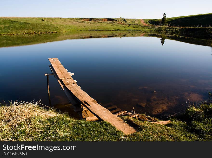 Tree, reflection in the water, broken bridge. Tree, reflection in the water, broken bridge