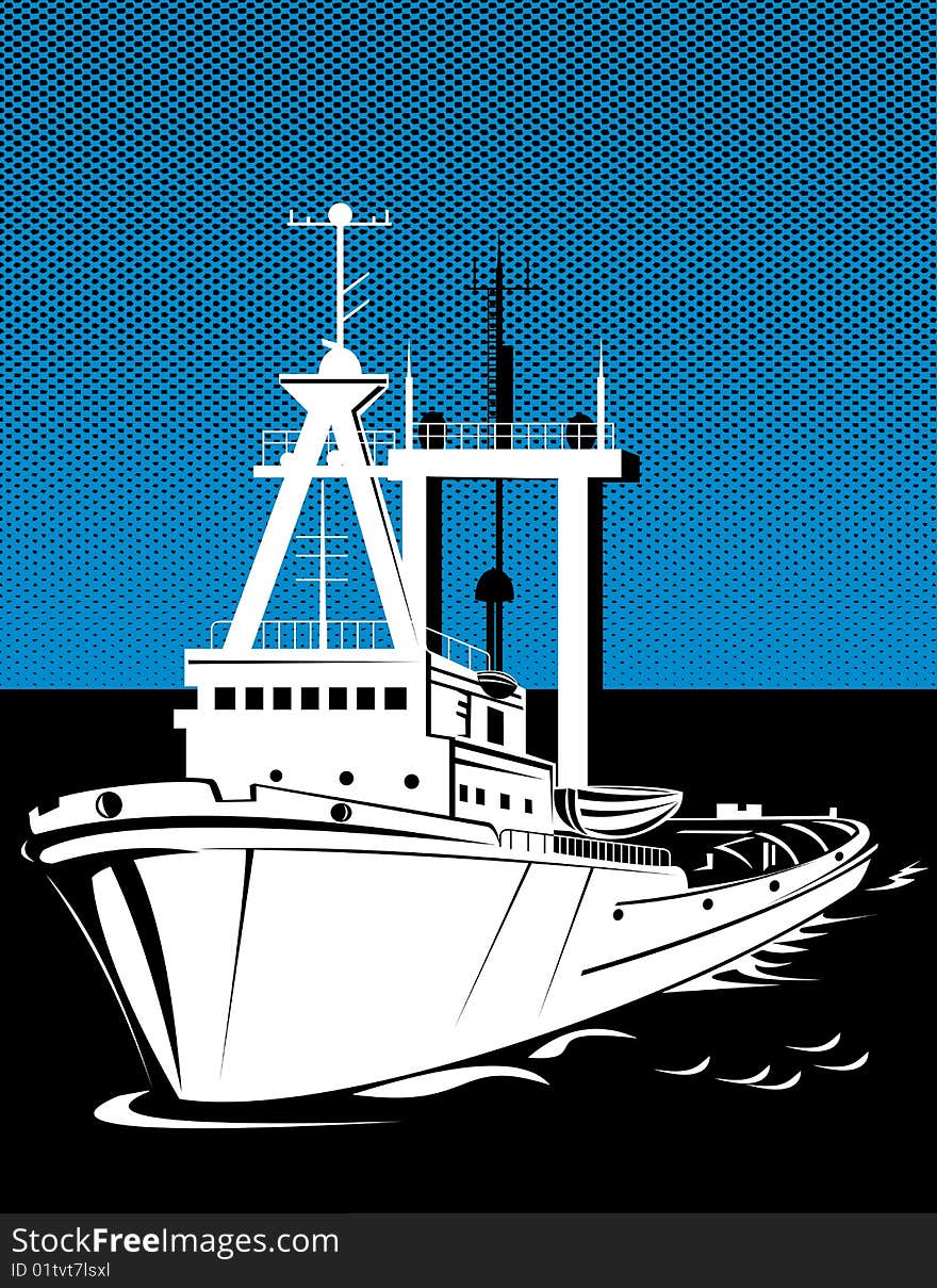 Vector illustration of a tugboat seaming towards the viewer.