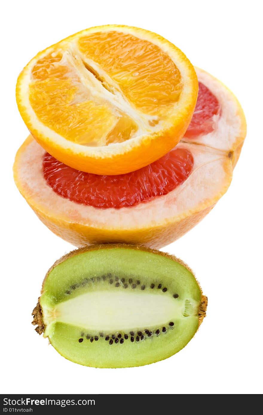 Fresh grapefruit, orange and kiwi isolated on white background. Fresh grapefruit, orange and kiwi isolated on white background