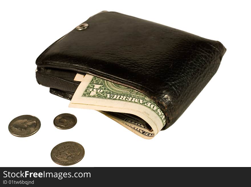 Black leather wallet with dollar bills and coins (isolated on white). Black leather wallet with dollar bills and coins (isolated on white)