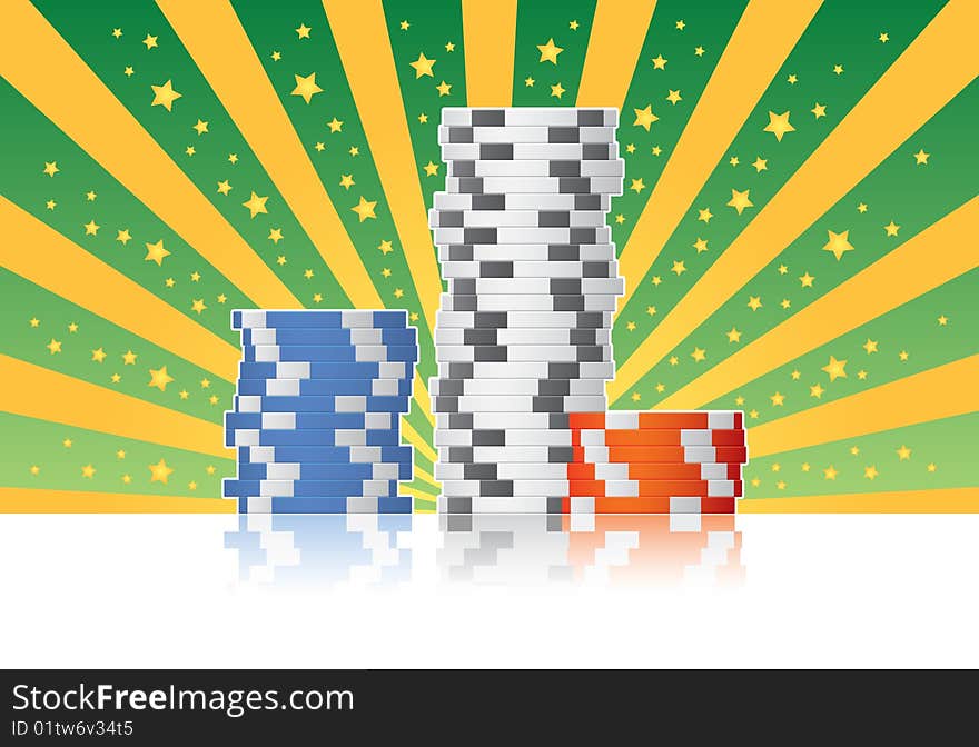 Three stack of casino poker chips in different colours.