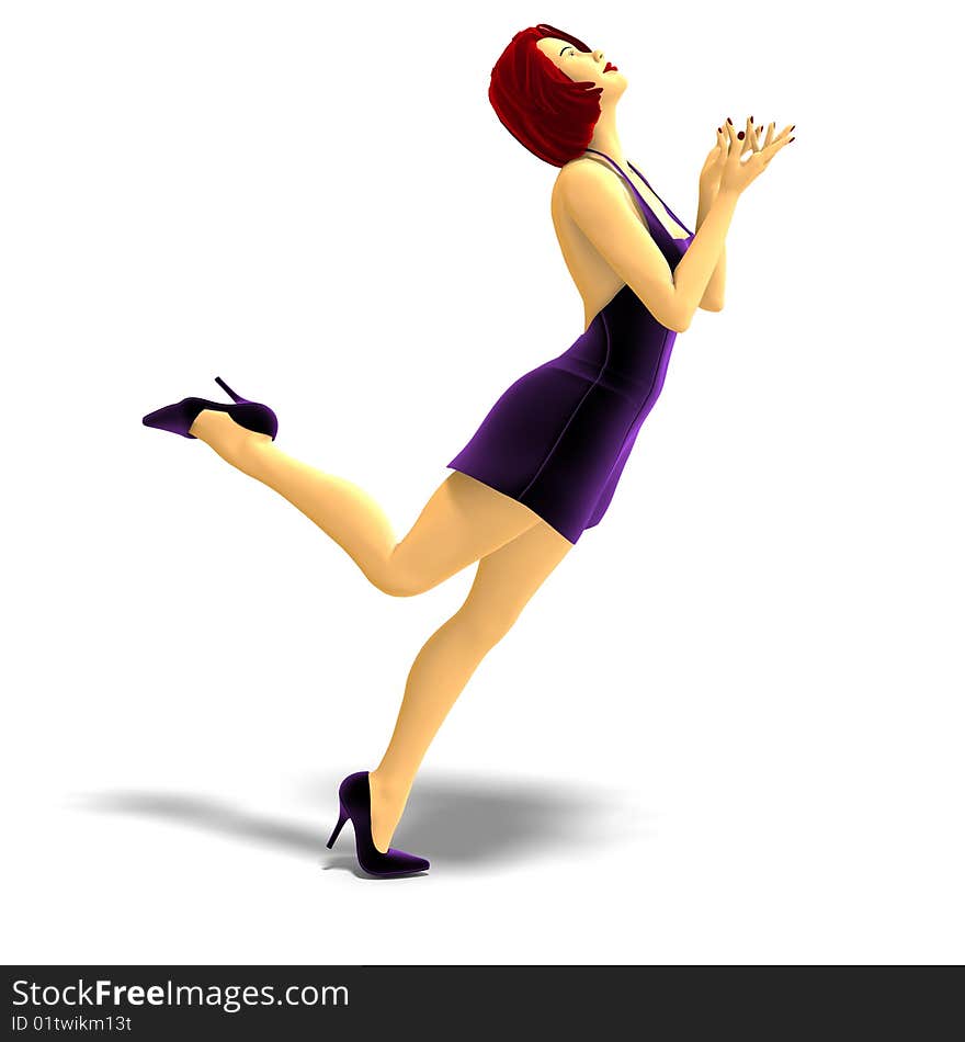 3D rendering of cartoon girl adoring something with clipping path and shadow over white. 3D rendering of cartoon girl adoring something with clipping path and shadow over white