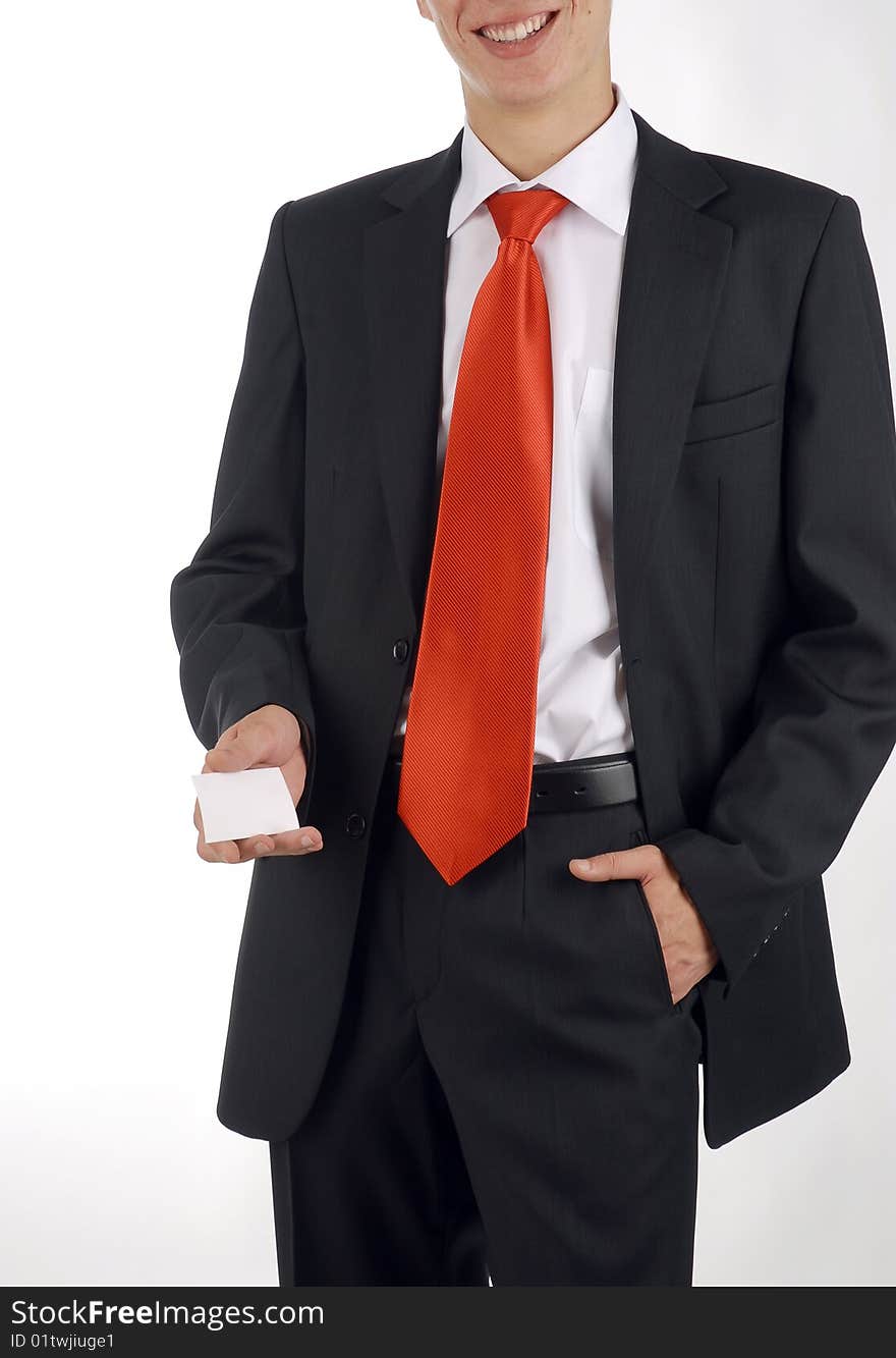 The men holds blank business card which can contains information of you company. The men holds blank business card which can contains information of you company.