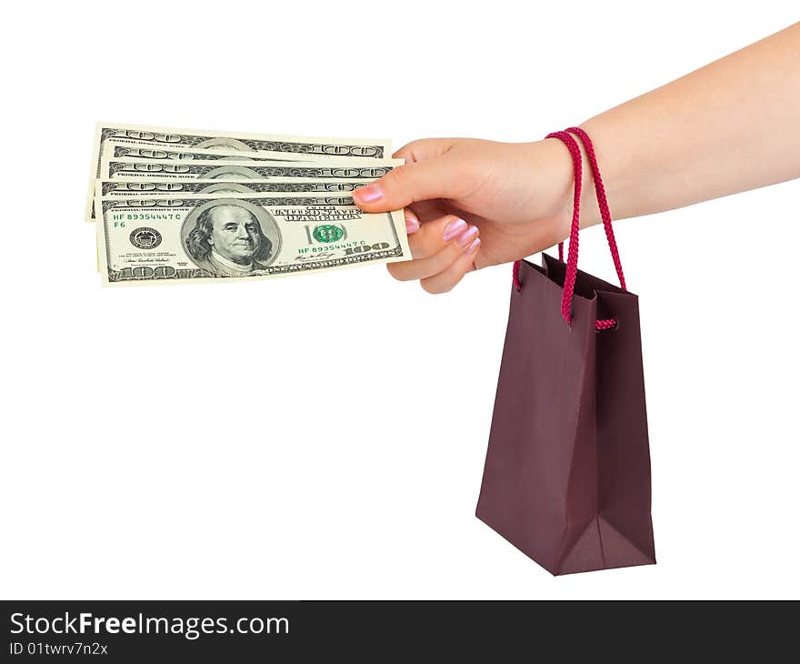 Hand with money shopping bag isolated on white background