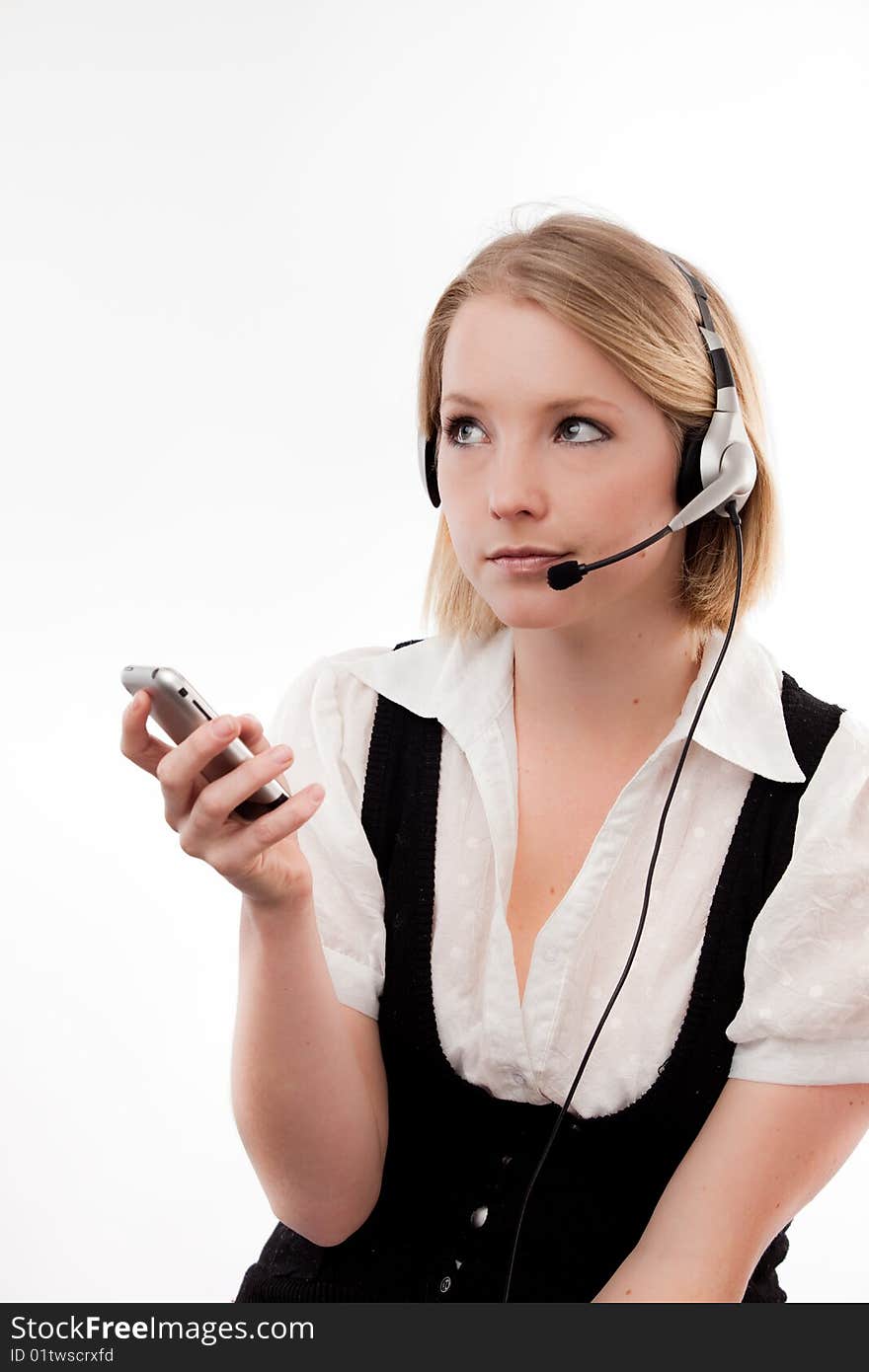 Young woman headset and mobile