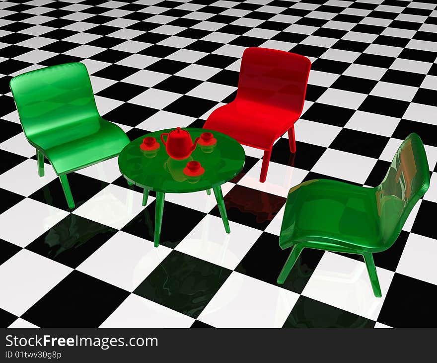 Tea table and three chairs on checkered floor. Tea table and three chairs on checkered floor.