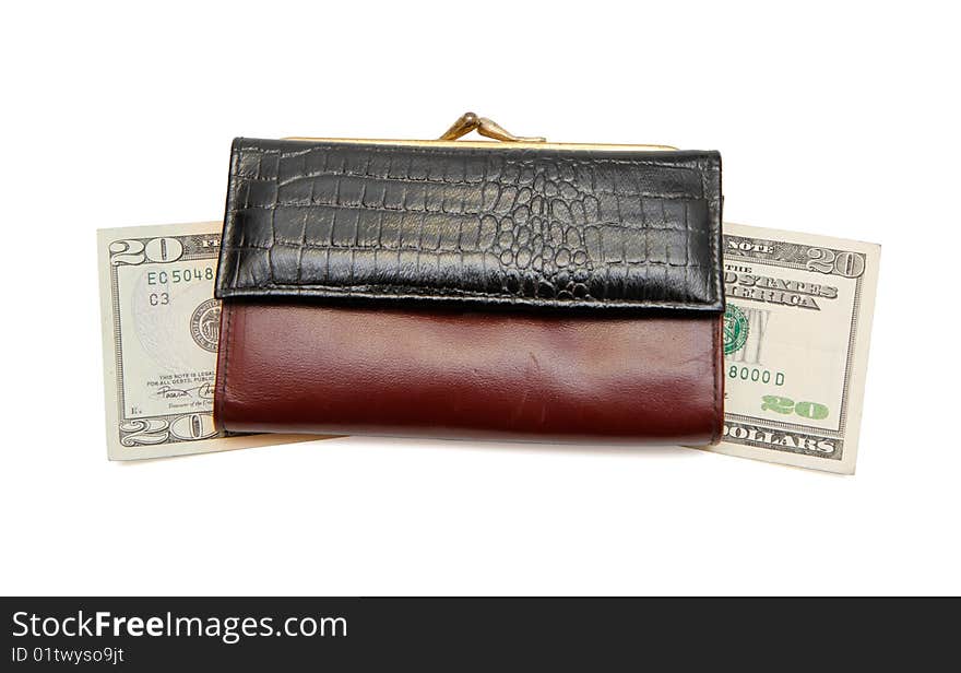 Retro woman's leather purse on dollar bills  isolated. Retro woman's leather purse on dollar bills  isolated