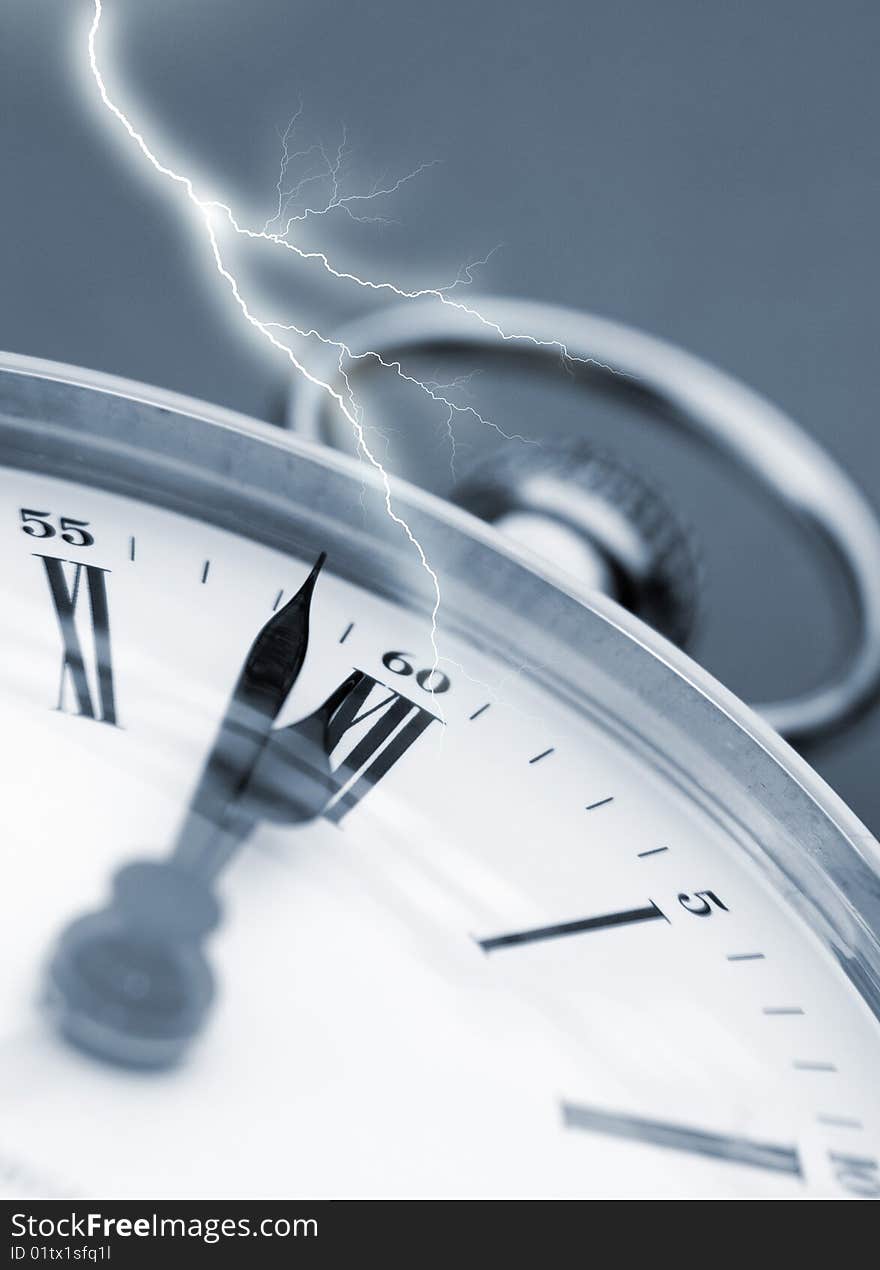 Close-up of clock face overlaid with lightning effect. Close-up of clock face overlaid with lightning effect