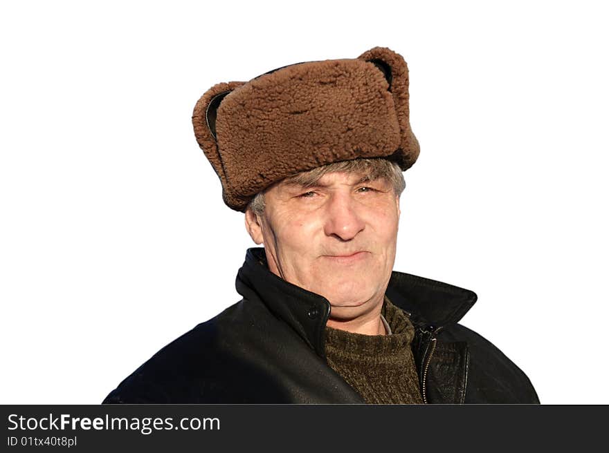 Portrait of the man in fur-cap, isolated on white. Portrait of the man in fur-cap, isolated on white