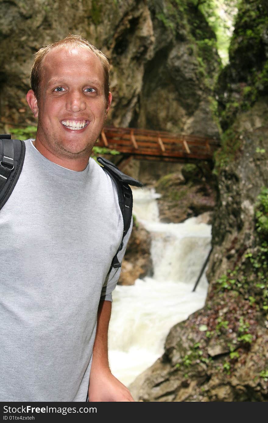 Hiking through a waterfall