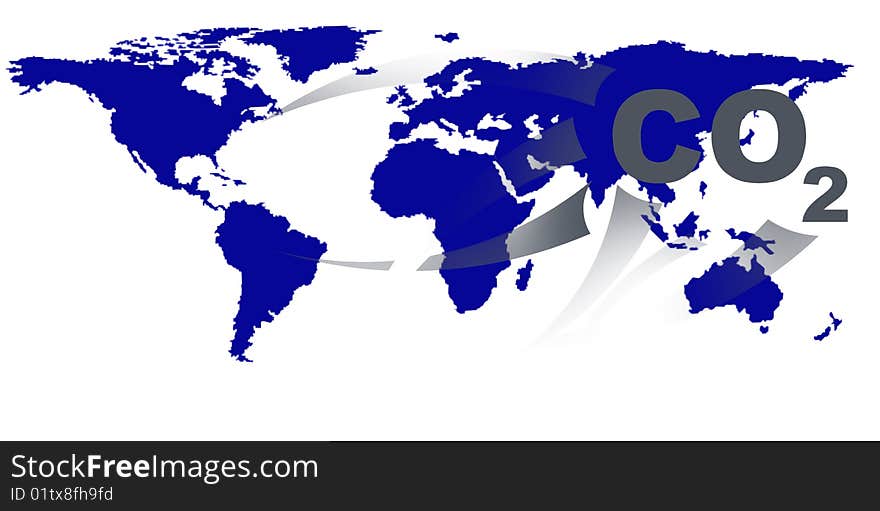 World map illustration over white background with CO2 warning