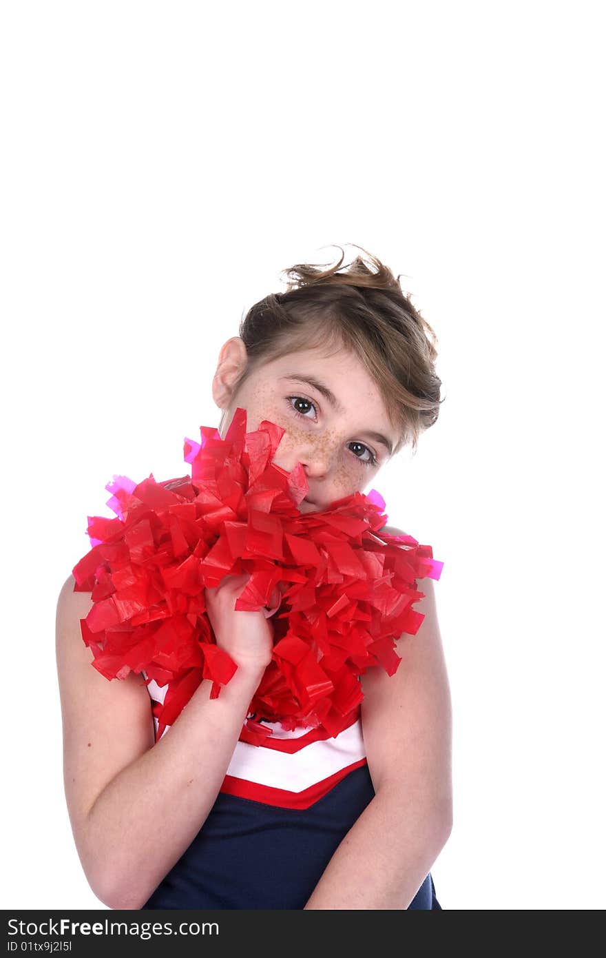 Cute girl with cheerleader pompom and freckled face. Cute girl with cheerleader pompom and freckled face