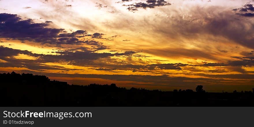 Colored sunset in the rural town.