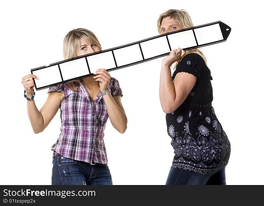 Mother and daughter holding film strip