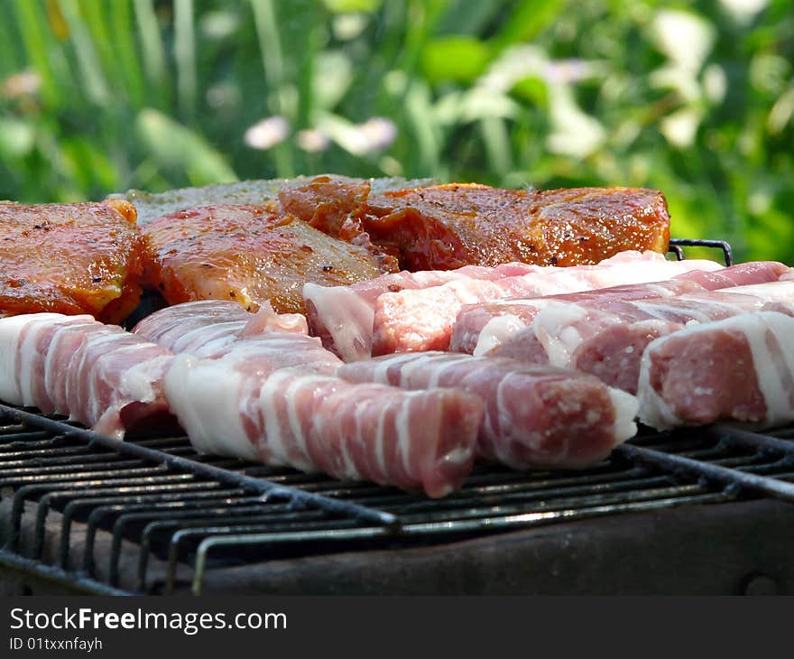 Closeup photo of the brazier with barbecue. Shallow dof.