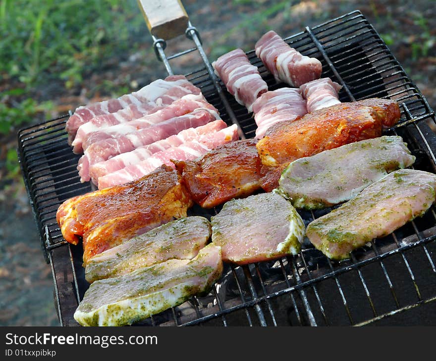 Closeup photo of the brazier with barbecue. Shallow dof.