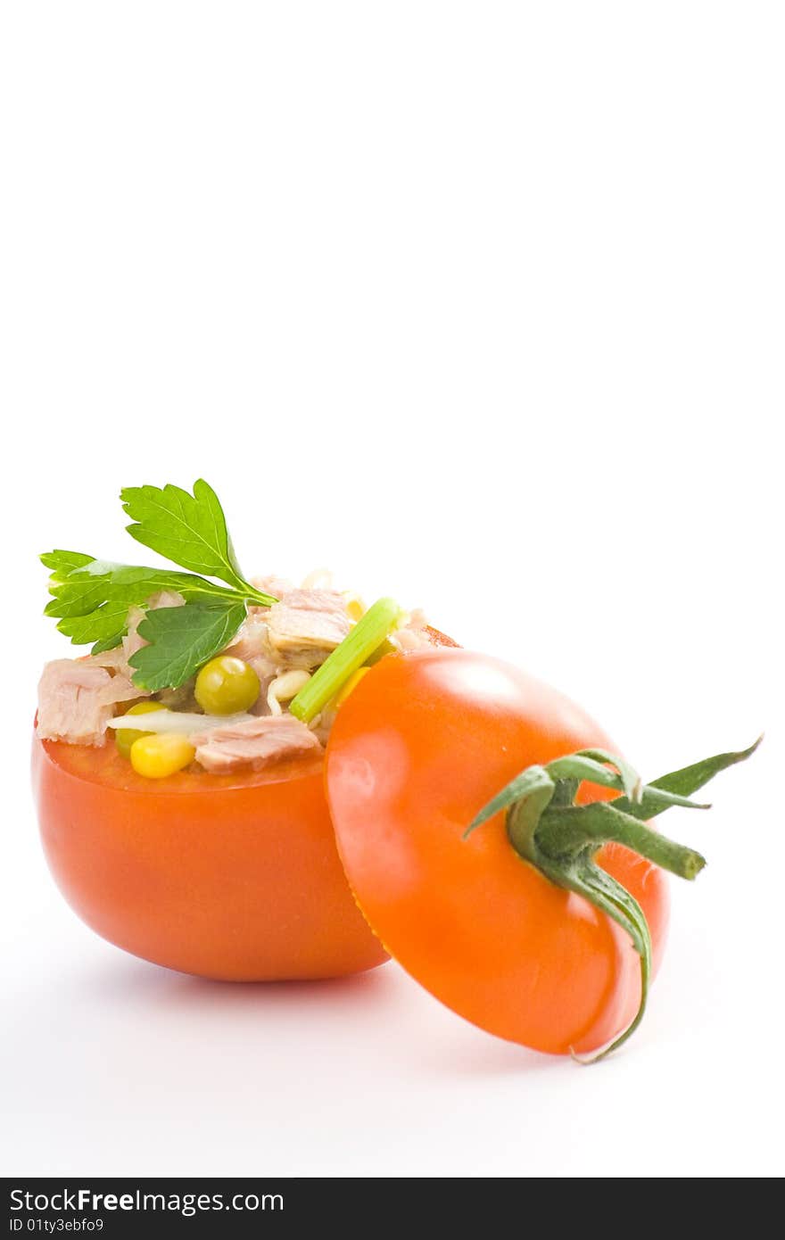 Tuna stuffed tomato celery corn soya bean