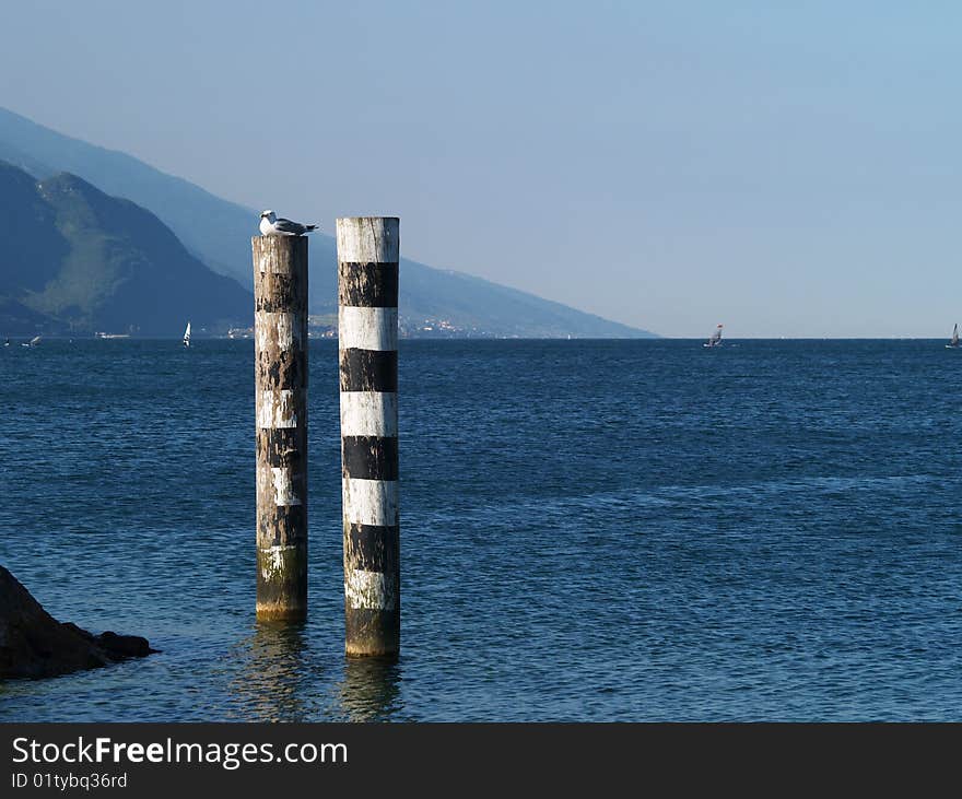 Wooden poles in Lake Ggarda, Italy