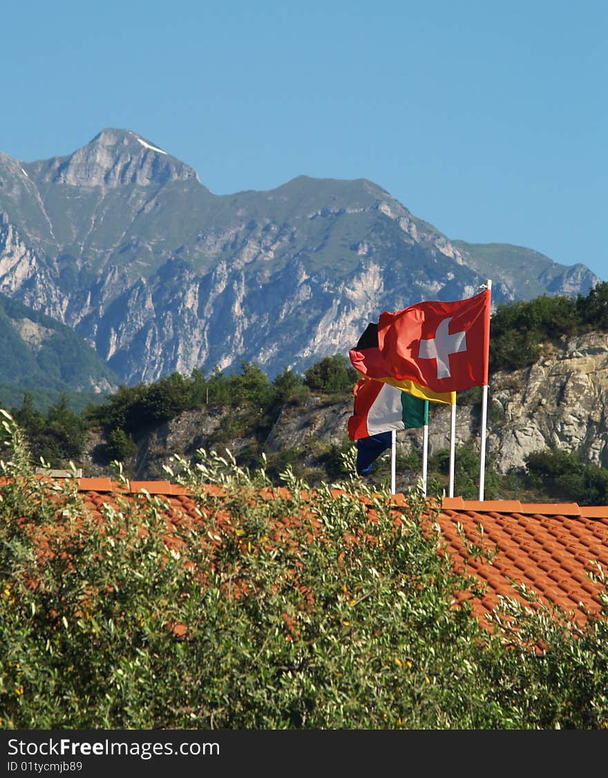 Hotel roof with flags