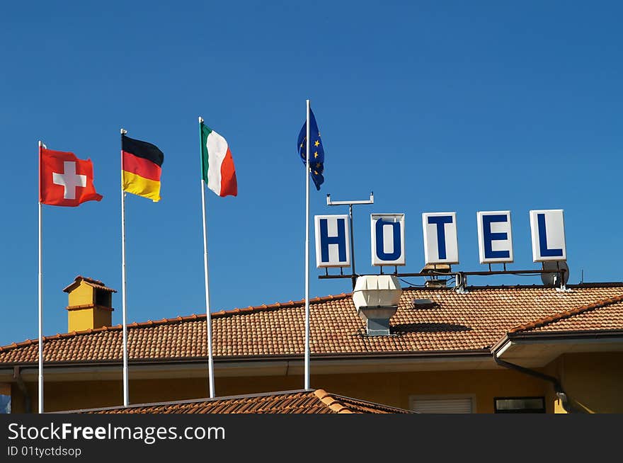 Hotel roof with flags