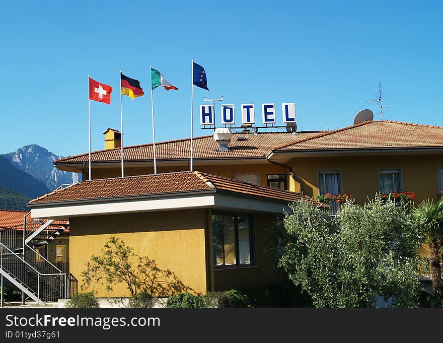 Hotel roof with flags