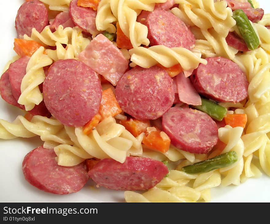 Fusilli With Hot Dog Slices and Vegetables