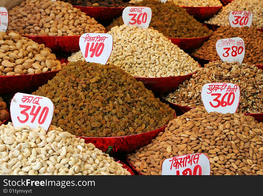 Nuts ad raisins on an indian marketplace