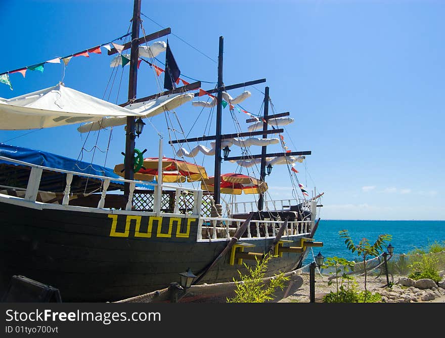 Ship restaurant in background view of sea