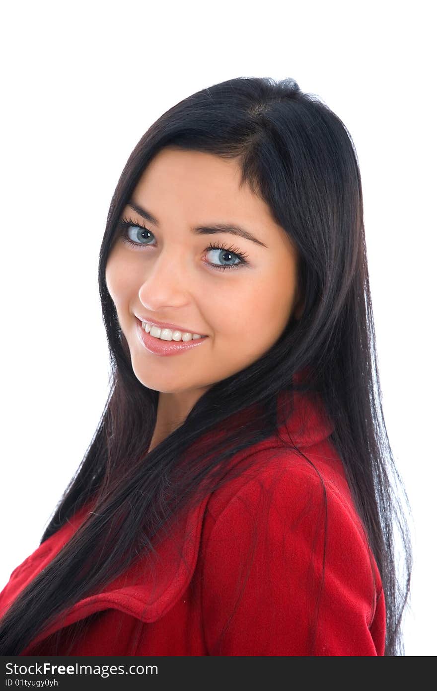 Portrait of the brunette with blue eye on white background