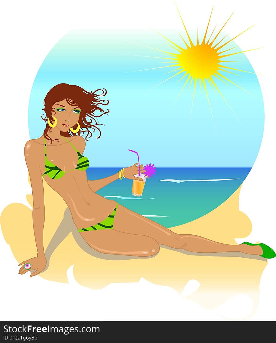 Vector illustration of beautiful woman on the beach drinking cocktail