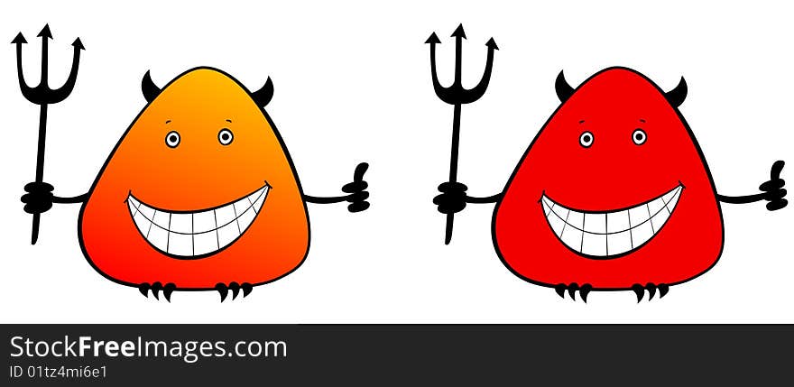 The happy devil with horns and a tail holds a trident