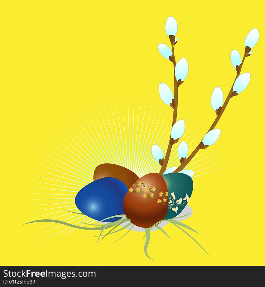 Vector Illustration of Easter Eggs with floral elements and the tree branch.