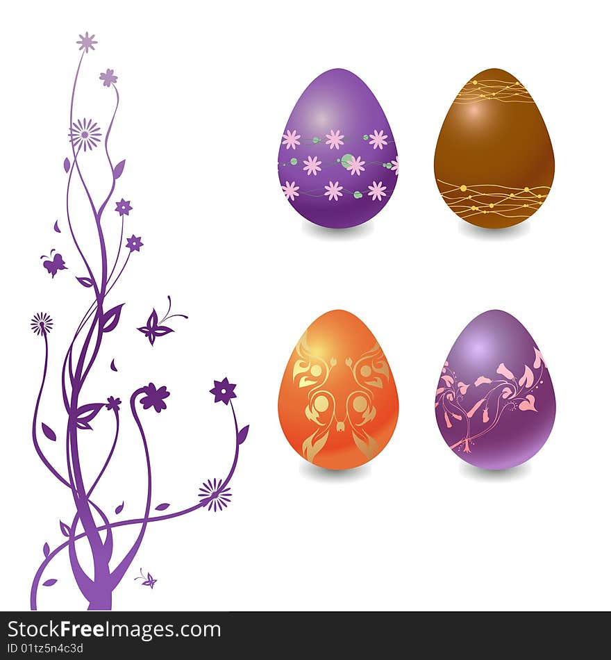 Vector Illustration of Easter Eggs with floral elements and the tree branch.