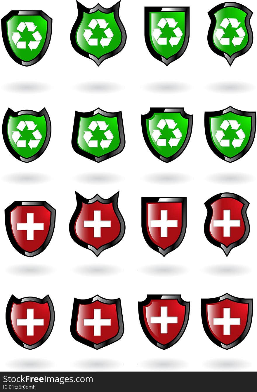 The set  red and green shield with recycled symbol and cross. The set  red and green shield with recycled symbol and cross