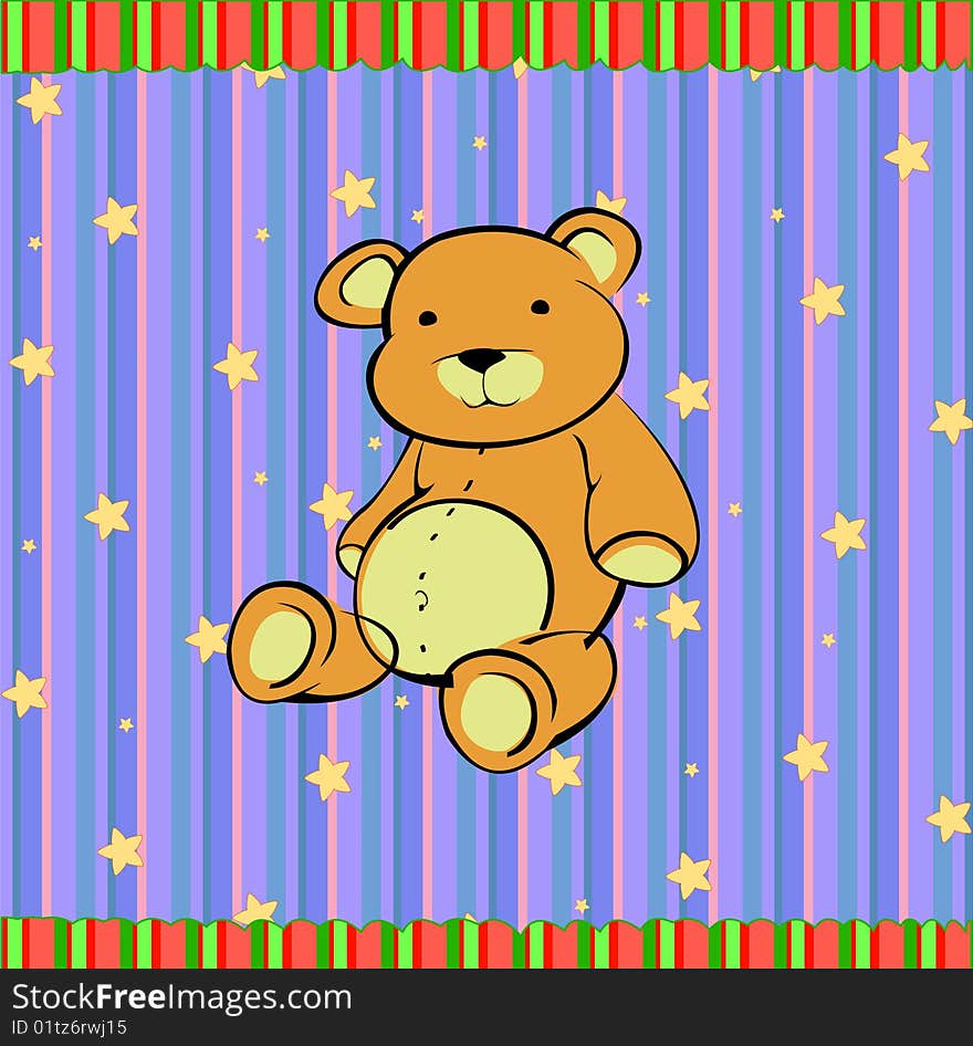 Cartoon vector illustration of Cute little teddy bear on the retro striped background