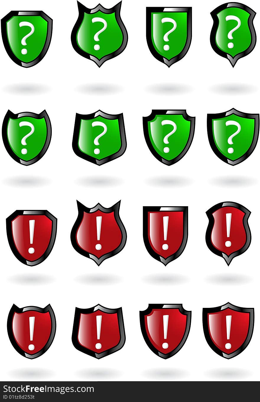 The set  red shield with exclamation and question mark