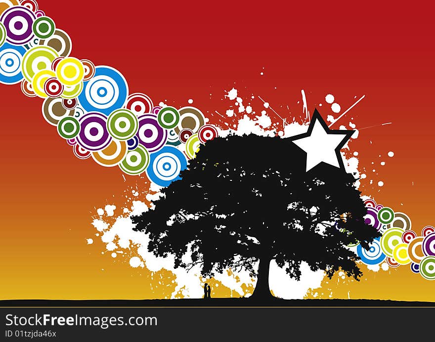 Colorful tree, , with red - yellow background