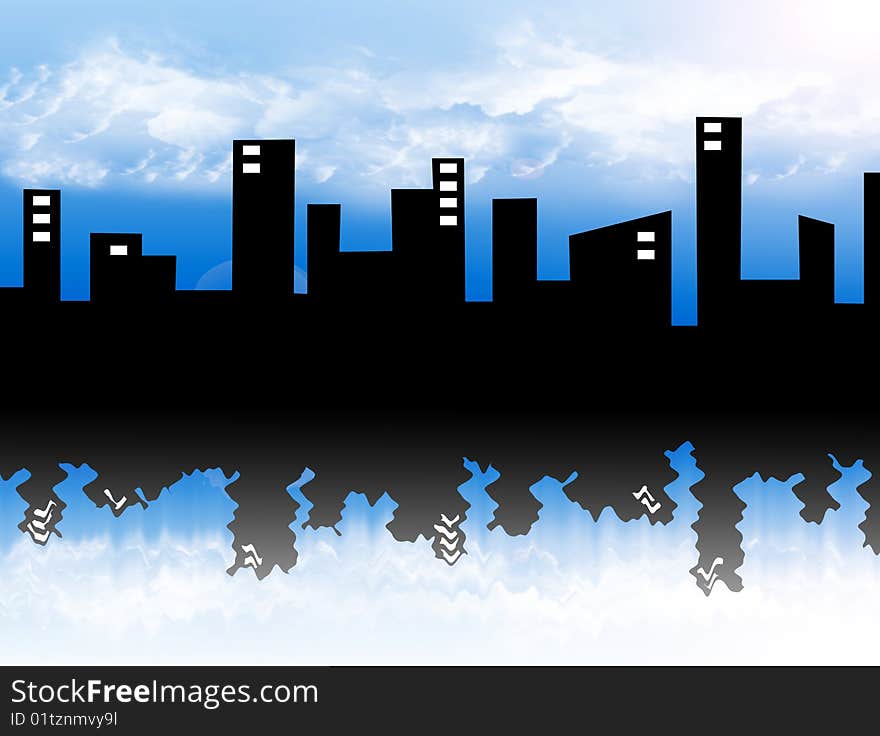 Black silhouette of city over sky background. Urban illustration
