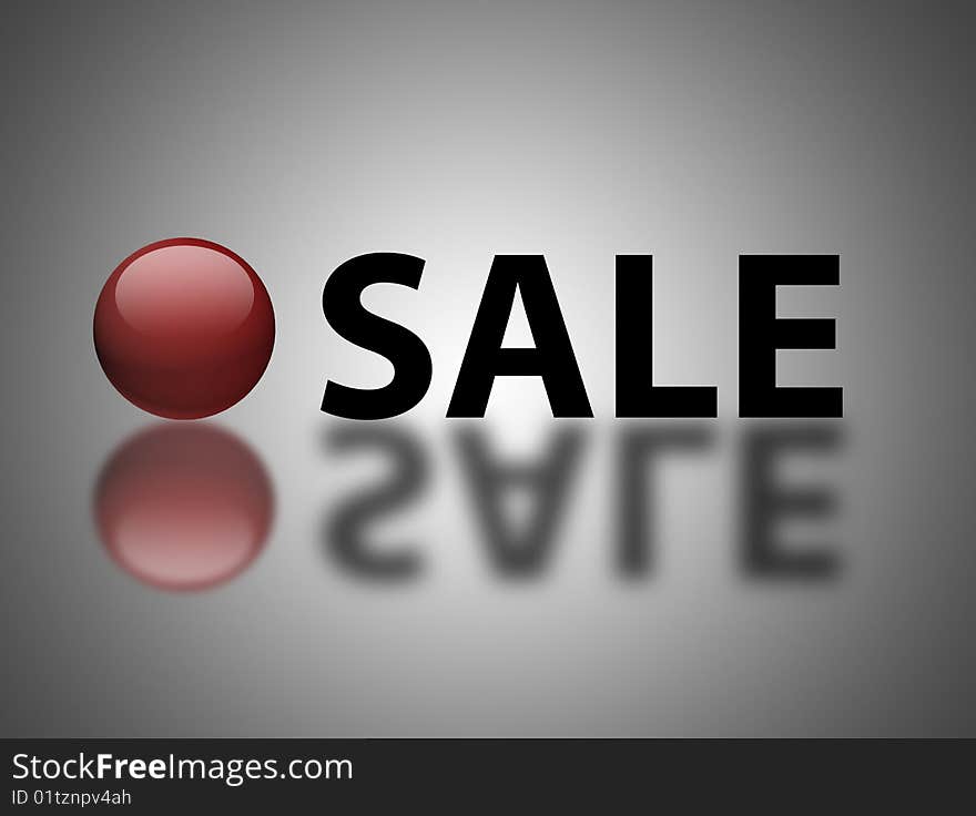 Sale text with red sphere. Elements with reflection over gray background. Sale text with red sphere. Elements with reflection over gray background