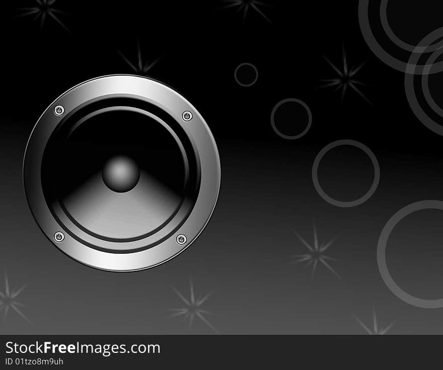 Gray speaker over shapes background. Music illustration