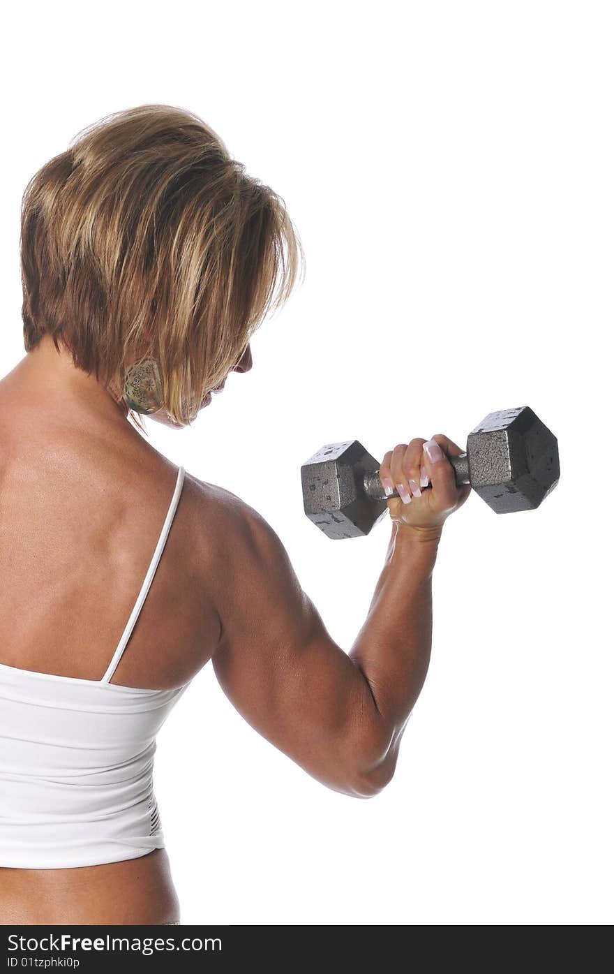 Mature woman with bumbbells working out isolated on a white background. Mature woman with bumbbells working out isolated on a white background