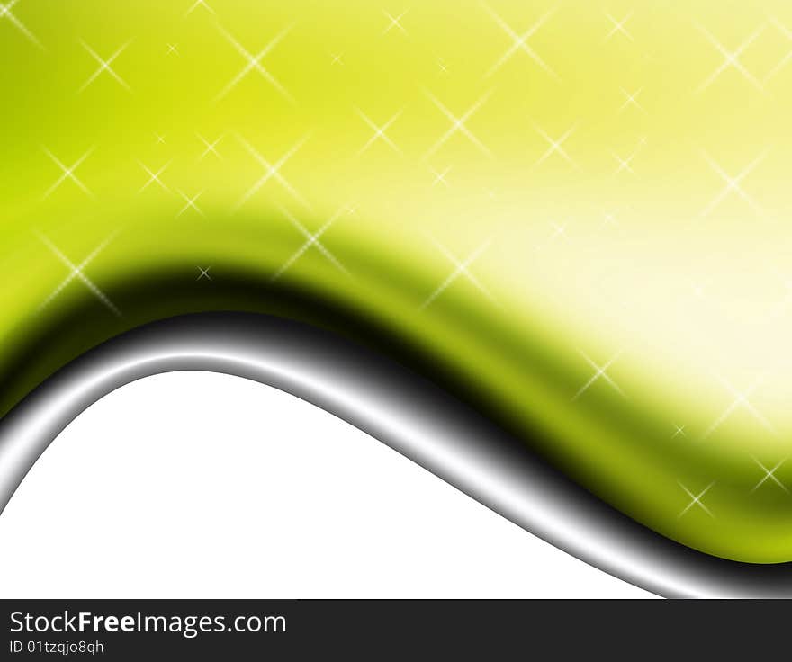 Green and silver waves with stars over white background. Green and silver waves with stars over white background