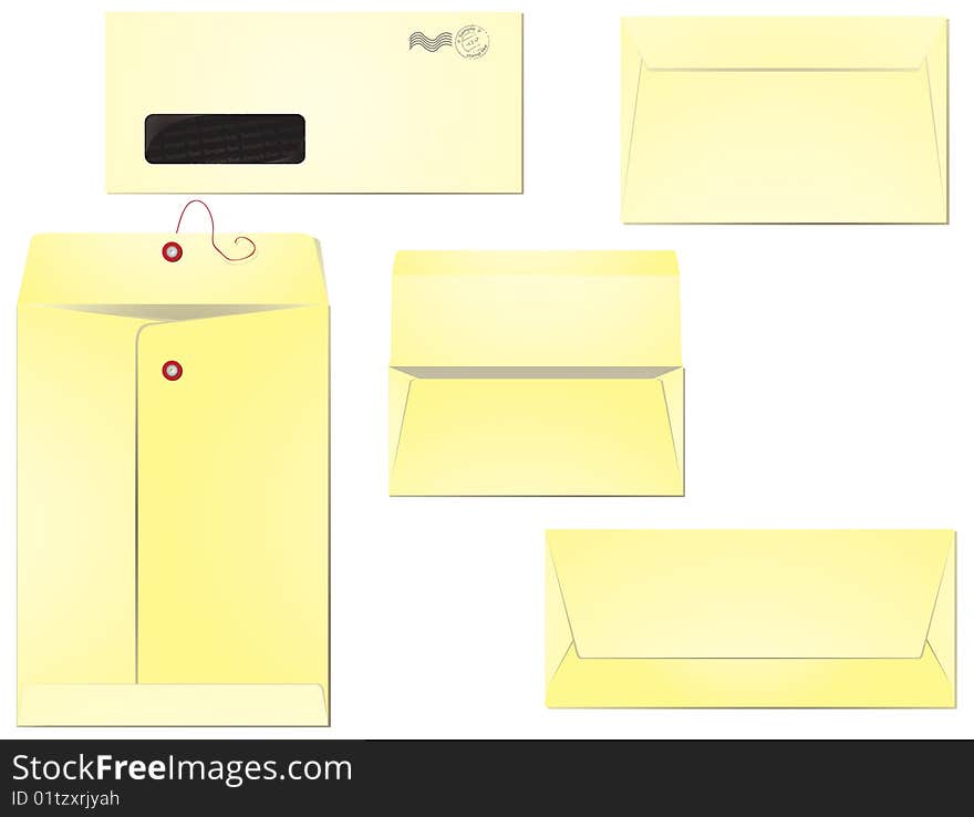 Five different types of envelopes for business correspondence and mailing. Layers clearly organised so the editing is simplified. EPS 8, radial gradients used. Five different types of envelopes for business correspondence and mailing. Layers clearly organised so the editing is simplified. EPS 8, radial gradients used.