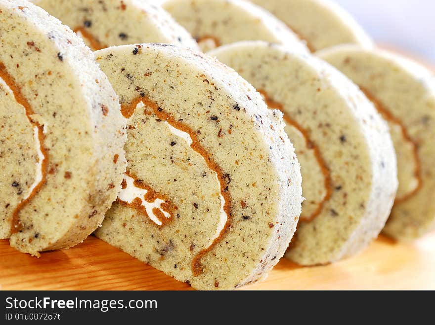 Slices of Organic Swiss Roll Cake. Slices of Organic Swiss Roll Cake